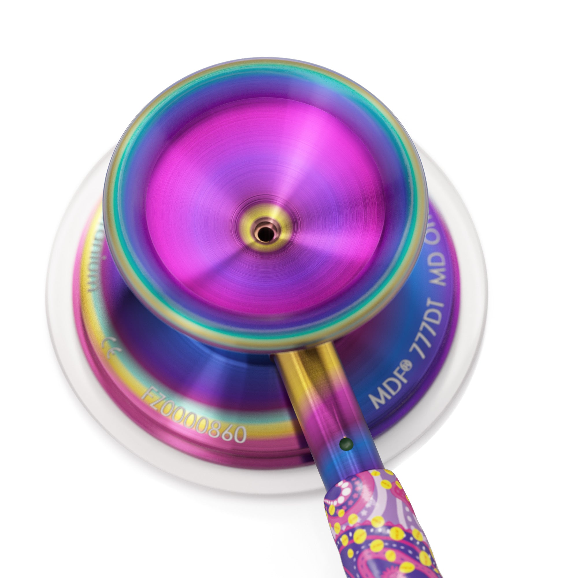 Stethoscope MDF Instruments MD One Epoch Titanium Pink and Purple Paisley Print Purpaisley and Kaleidoscope Engraving