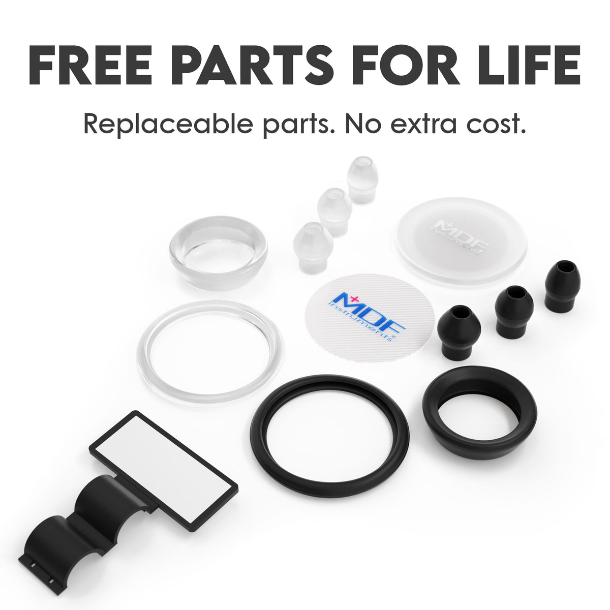Free Stethoscope Parts Including Soft Silicone Eartips in 3 sizes, Stethoscope ID Tags, Stethoscope Diaphragms and Retaining Rings, MDF Instruments Free-Parts-For-Life Program