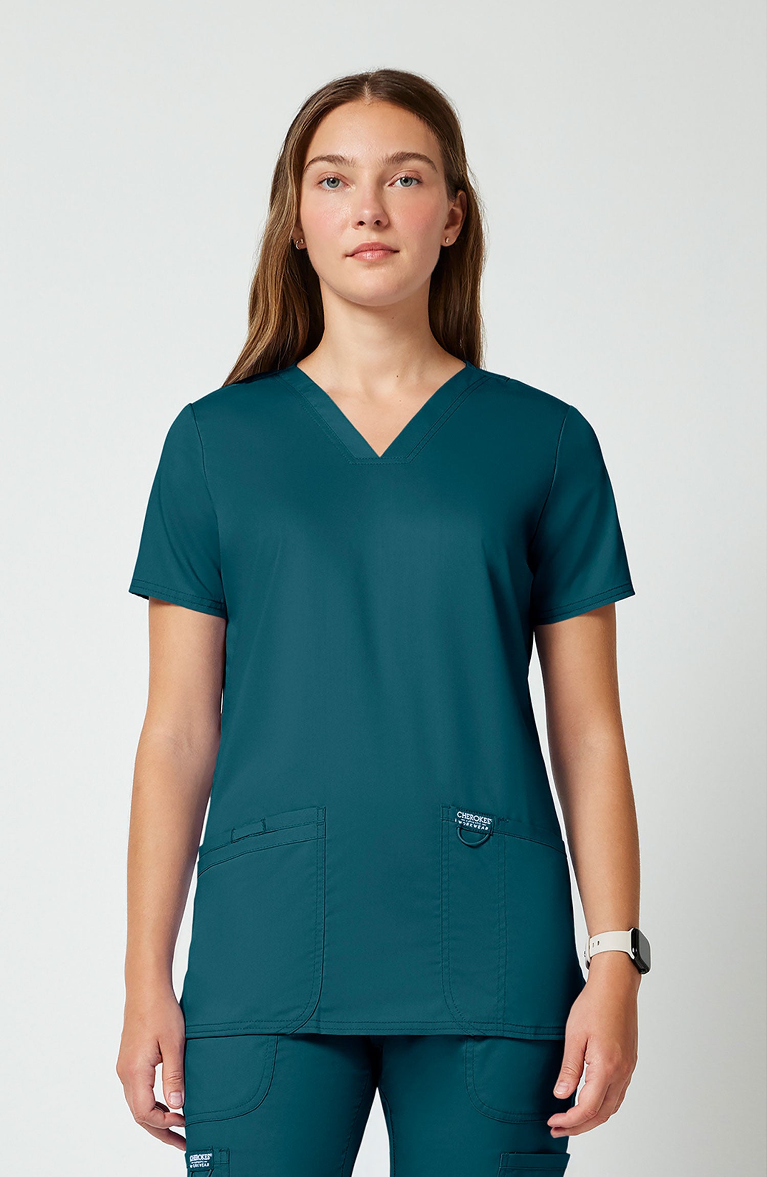 Women's Scrub Top V-Neck Caribbean Blue Cherokee Workwear Revolution MDF Instruments WW620