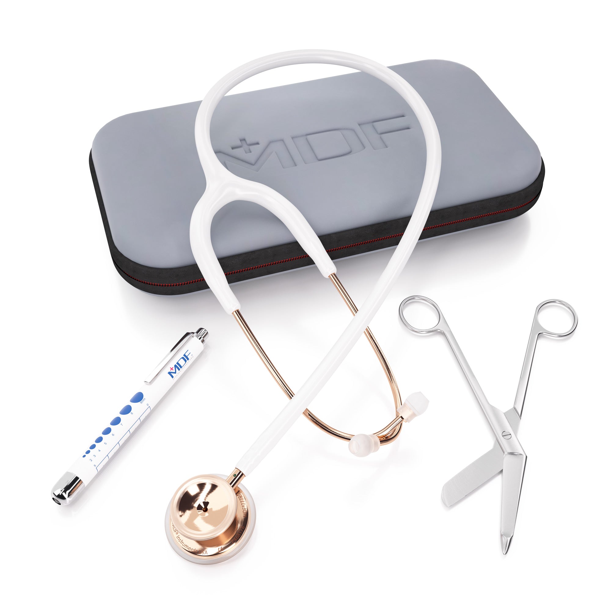 Medical and Nursing Kit MDF Instruments MD One Stainless Steel Stethoscope Rose Gold and White, Penlight and Bandage Scissors Bundle