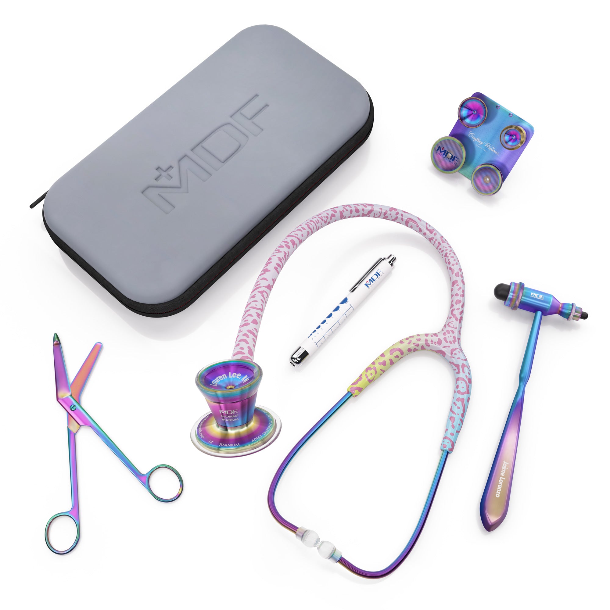 Medical and Nursing Kit MDF Instruments ProCardial Titanium Rainbow Leopard Kaleidoscope, Penlight, Bandage Scissors, Reflex Hammer and Attachment Clip Bundle