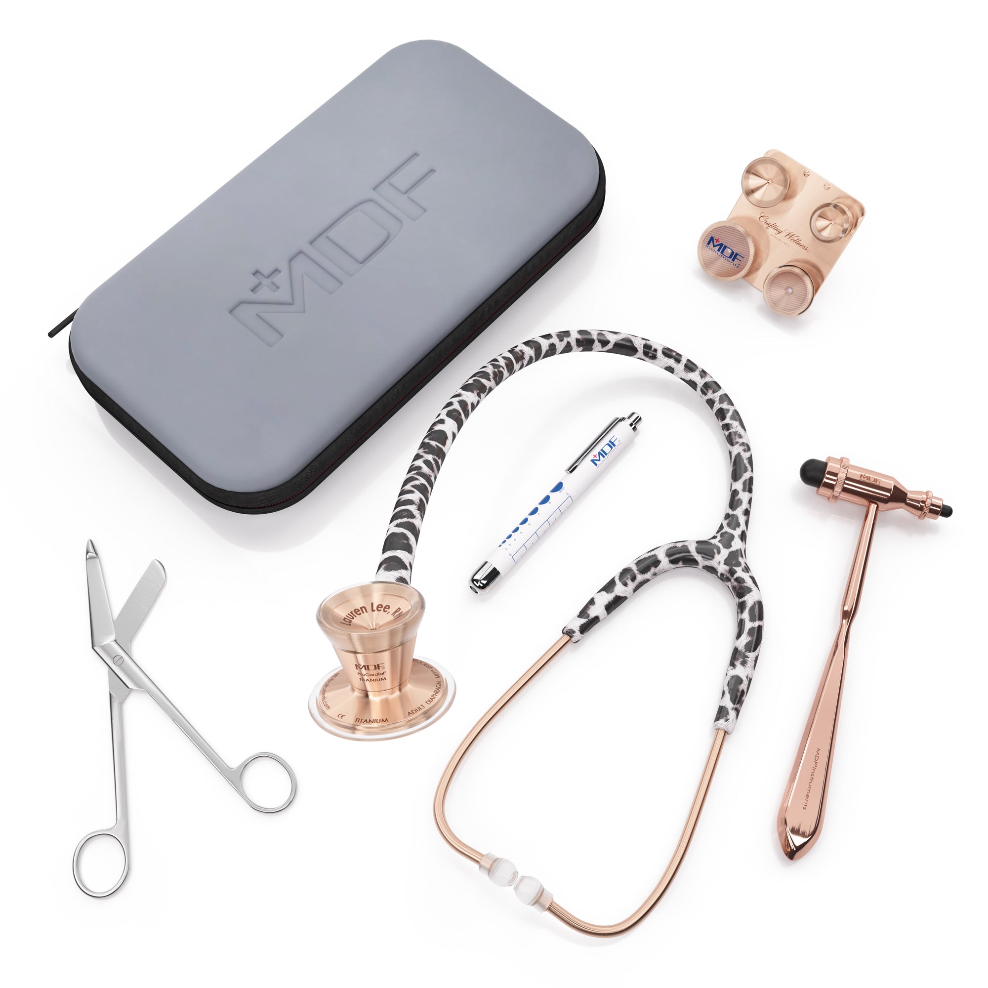 Medical and Nursing Kit MDF Instruments ProCardial Titanium Snow Leopard Rose Gold, Penlight, Bandage Scissors, Reflex Hammer and Attachment Clip Bundle