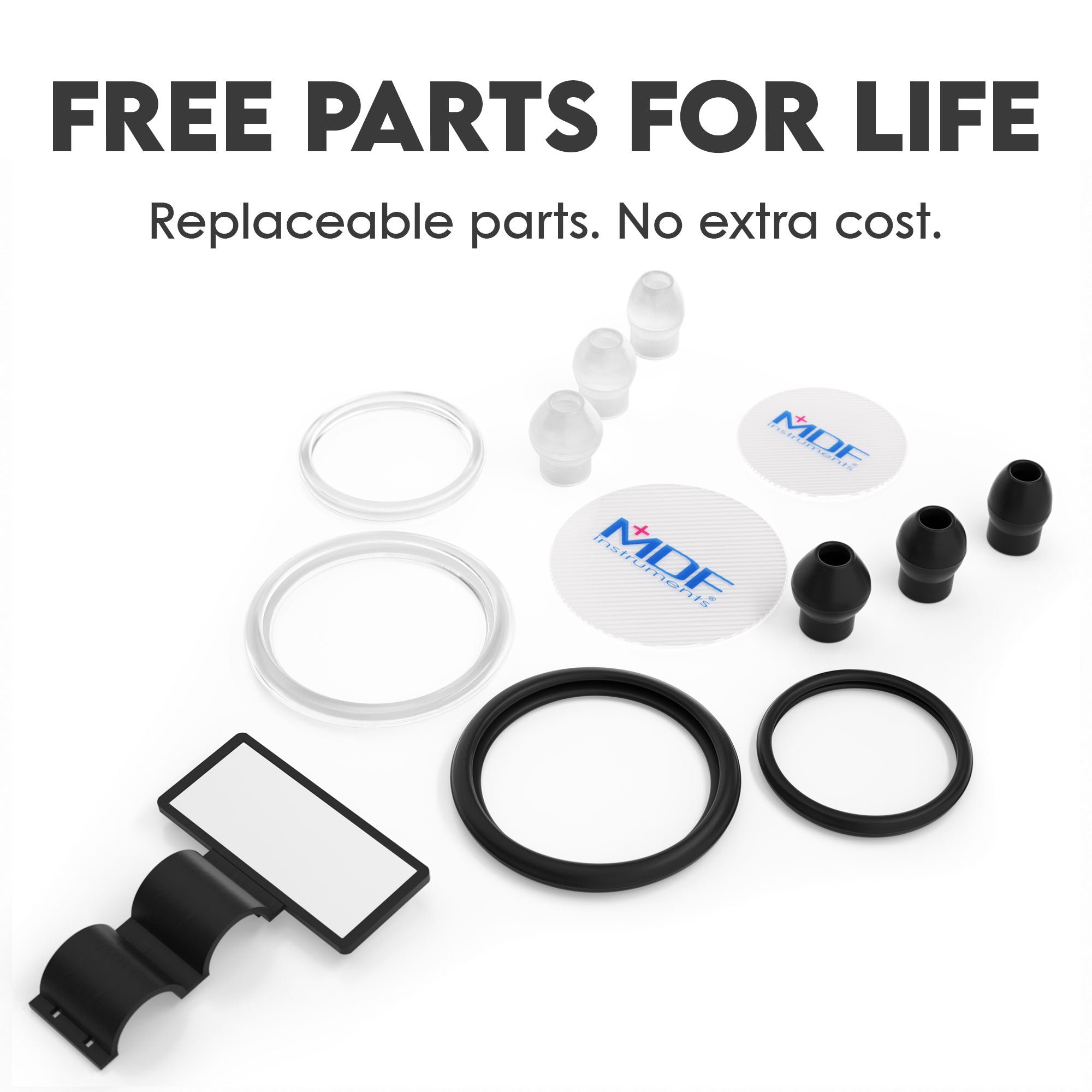 Free Stethoscope Parts Including Soft Silicone Eartips in 3 sizes, Stethoscope ID Tags, Stethoscope Diaphragms and Retaining Rings, MDF Instruments Free-Parts-For-Life Program