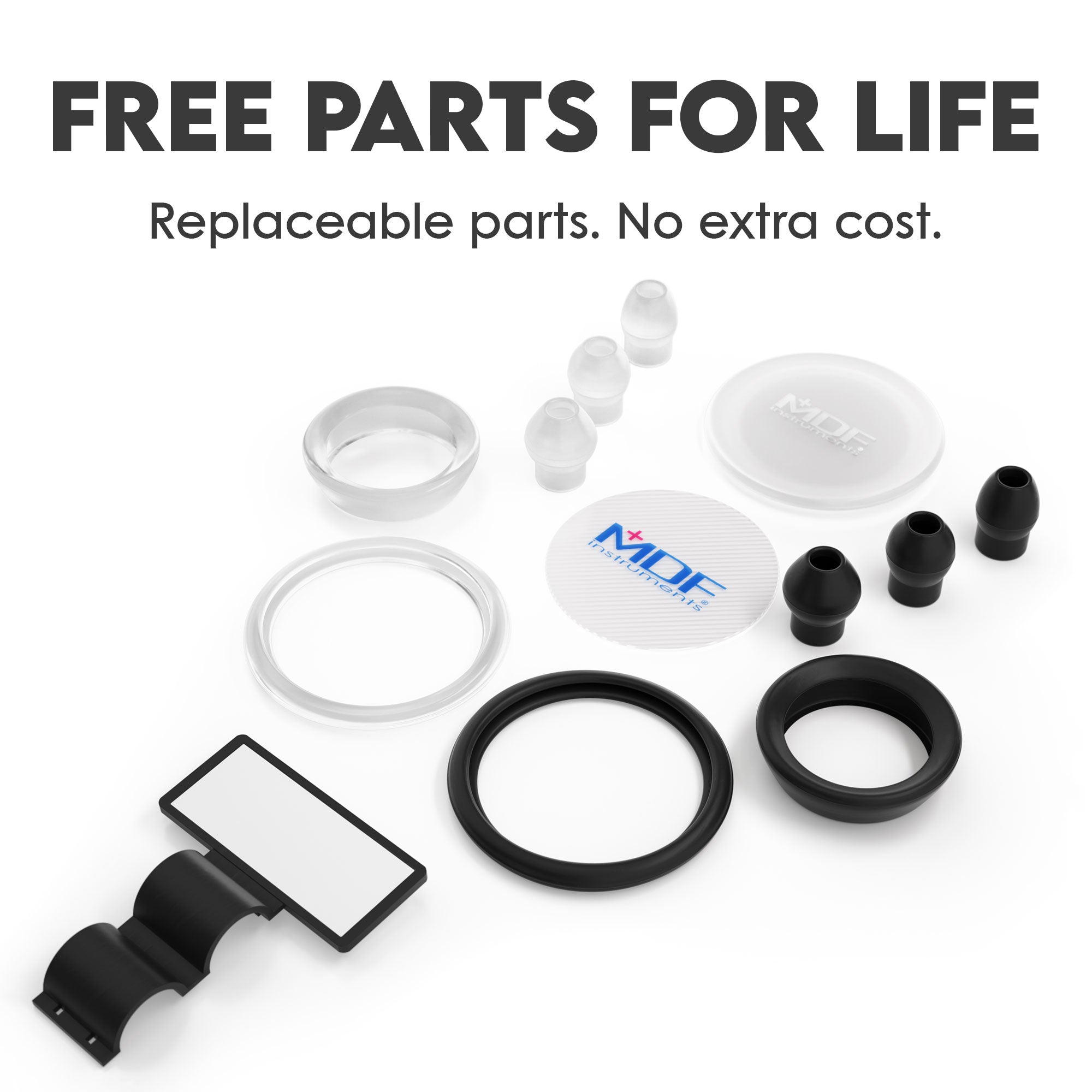 Free Stethoscope Parts Including Soft Silicone Eartips in 3 sizes, Stethoscope ID Tags, Stethoscope Diaphragms and Retaining Rings, MDF Instruments Free-Parts-For-Life Program