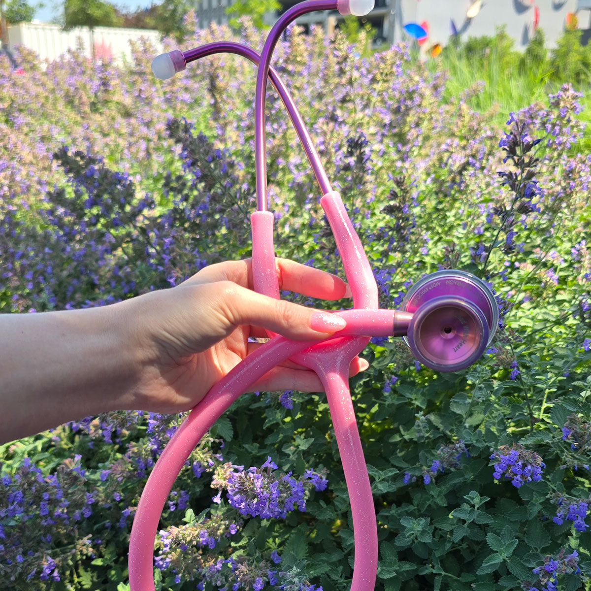 Pink Stethoscope for Medical Professionals MDF Instruments ProCardial Titanium Cardiology Mprint Light Pink Glitter Tubing and Blossom Metal Finish