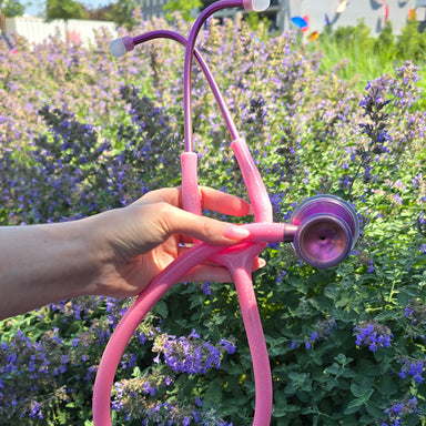 Pink Stethoscope for Medical Professionals MDF Instruments ProCardial Titanium Cardiology Mprint Light Pink Glitter Tubing and Blossom Metal Finish