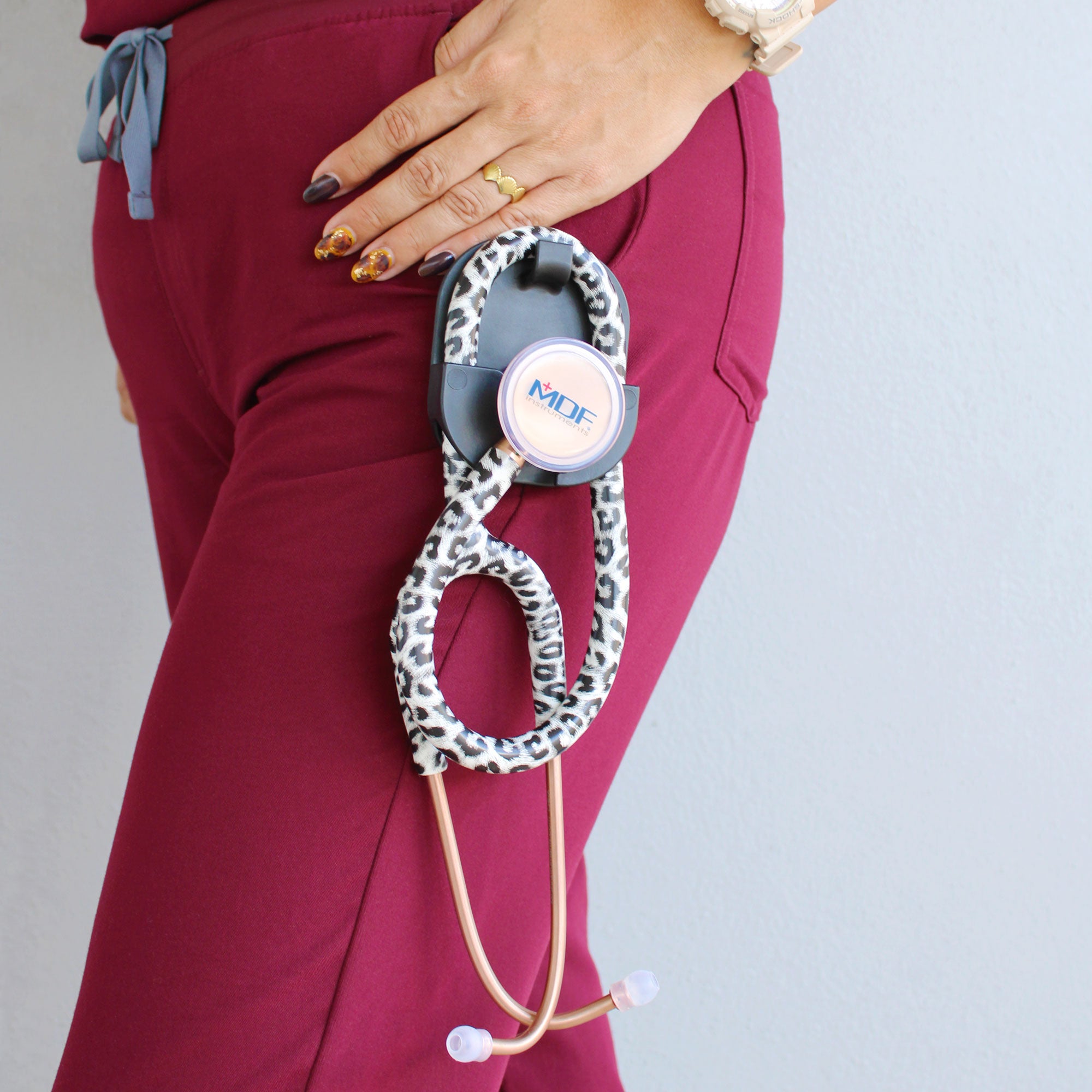 Stethoscope Holder Hip Clip Free with ProCardial Titanium Mprint Printed Stethoscopes Snow Leopard and Rose Gold