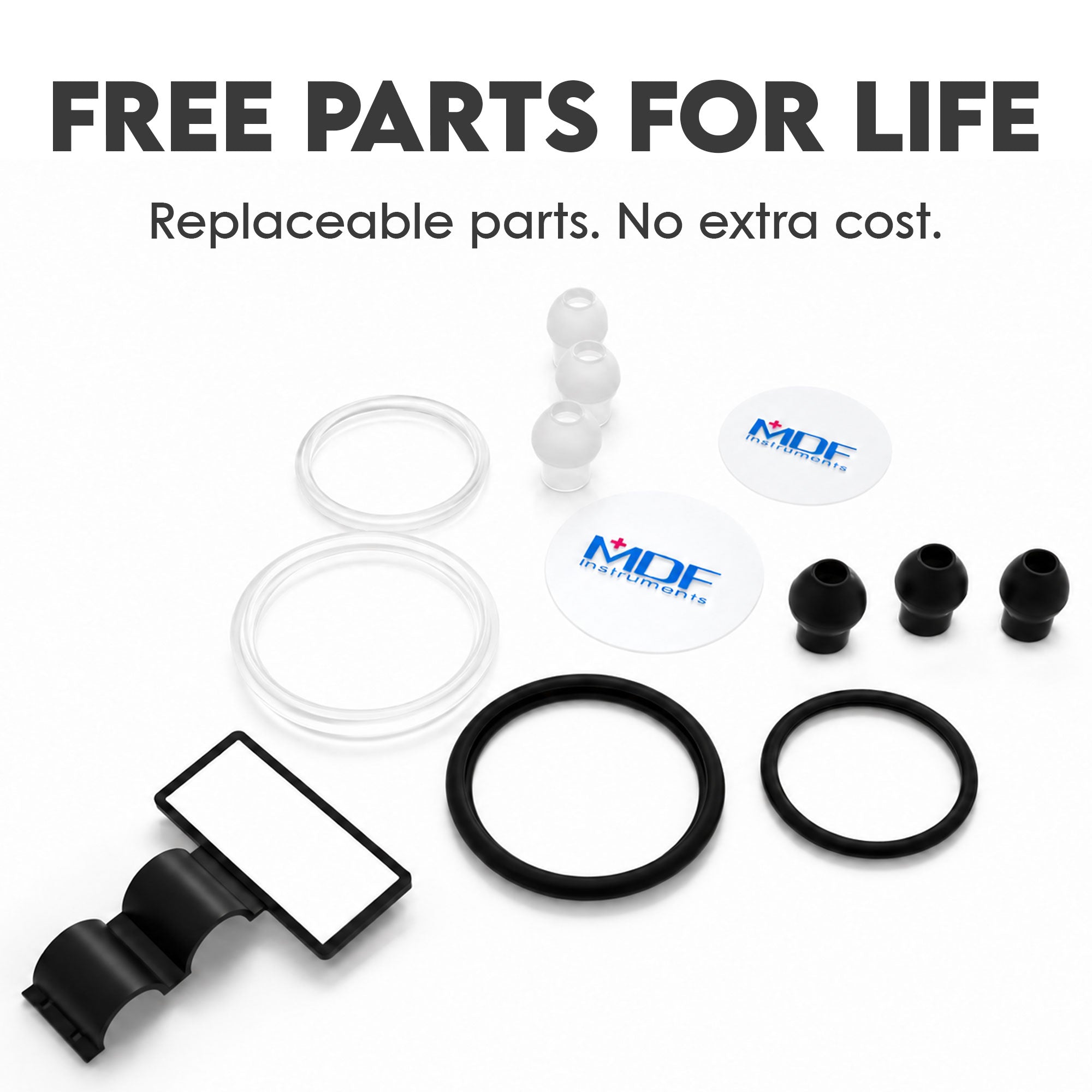Free Stethoscope Parts Including Soft Silicone Eartips in 3 sizes, Stethoscope ID Tags, Stethoscope Diaphragms and Retaining Rings, MDF Instruments Free-Parts-For-Life Program