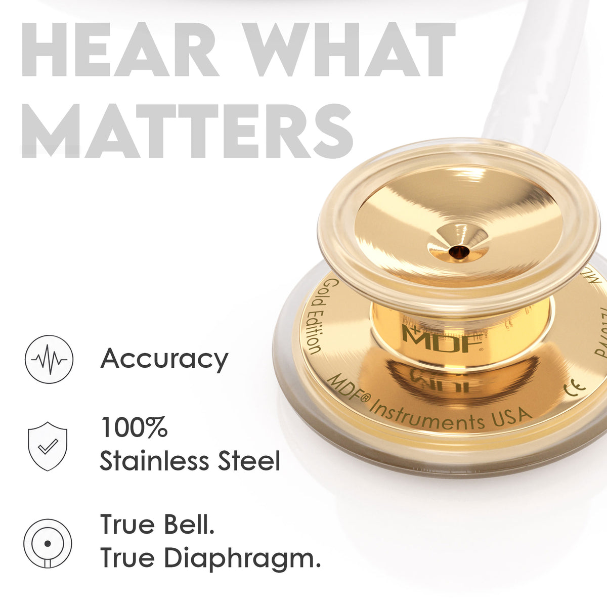 Stethoscope MDF Instruments MD One Stainless Steel Adult Dual Head Gold and White True Bell and True Diaphragm for Accurate Sound