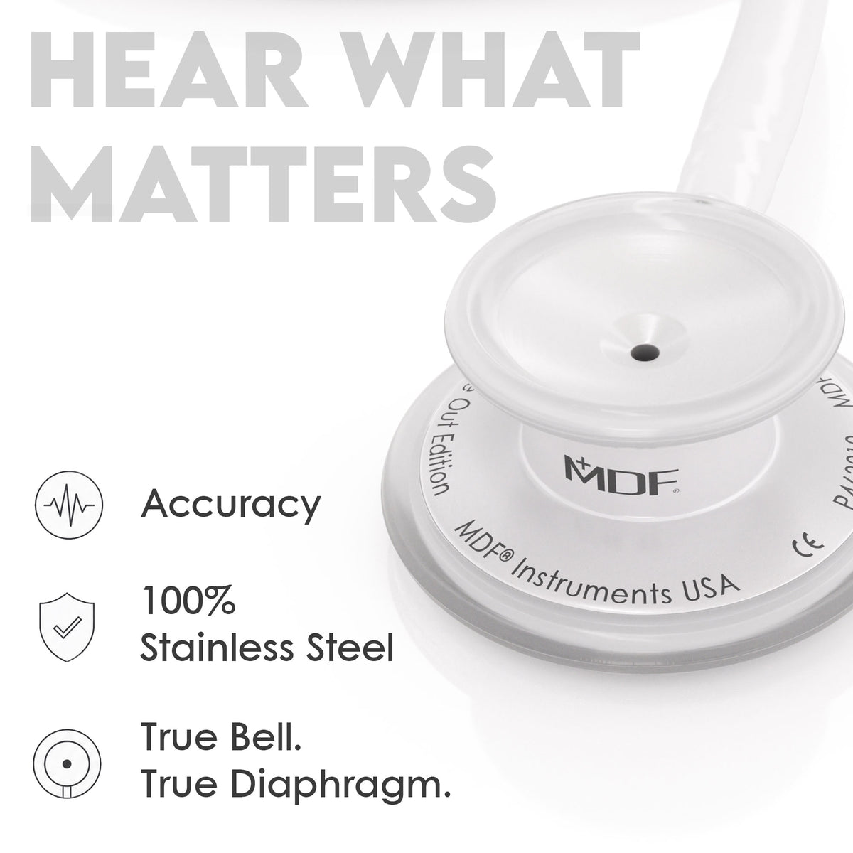 Stethoscope MDF Instruments MD One Stainless Steel Adult Dual Head WhiteOut All White True Bell and True Diaphragm for Accurate Sound