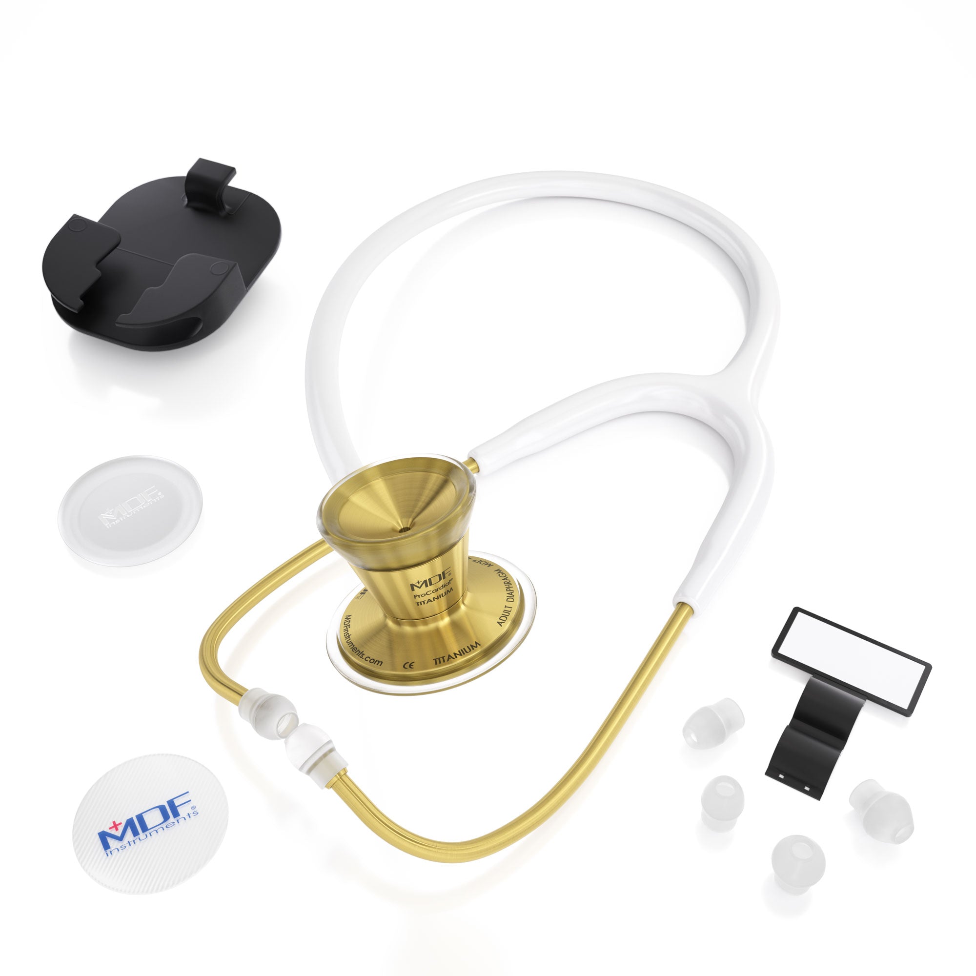 Stethoscope MDF Instruments ProCardial Titanium Cardiology White and Gold with included Stethoscope Parts