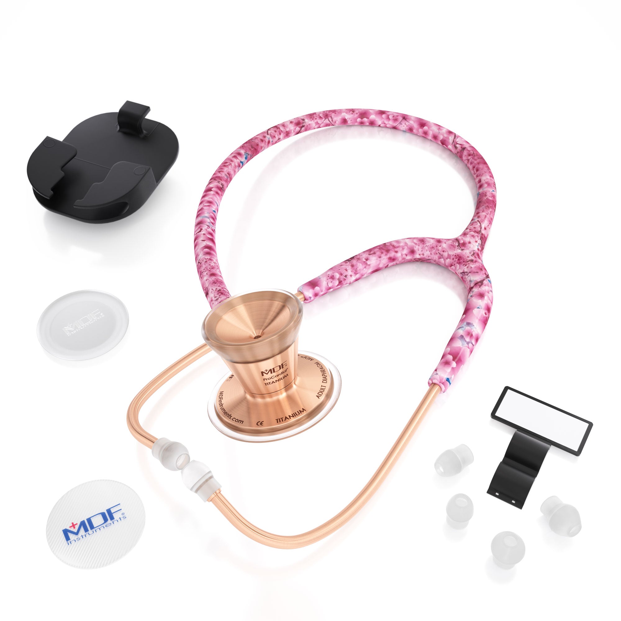 Stethoscope MDF Instruments ProCardial Titanium Cardiology Mprint Cherry Blossom Print Sakura and Rose Gold with Free Parts