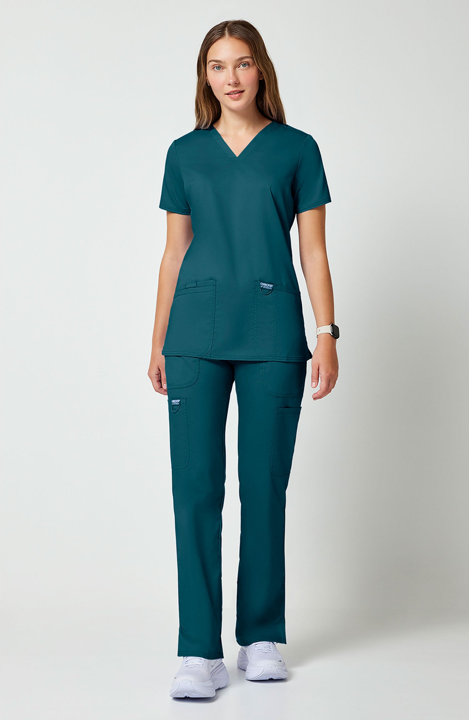 Women's Scrub Top V-Neck Caribbean Blue Cherokee Workwear Revolution MDF Instruments WW620