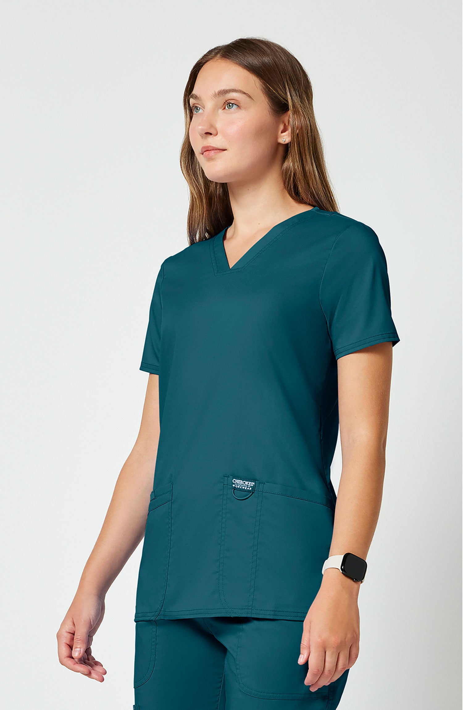 Women's Scrub Top V-Neck Caribbean Blue Cherokee Workwear Revolution MDF Instruments WW620