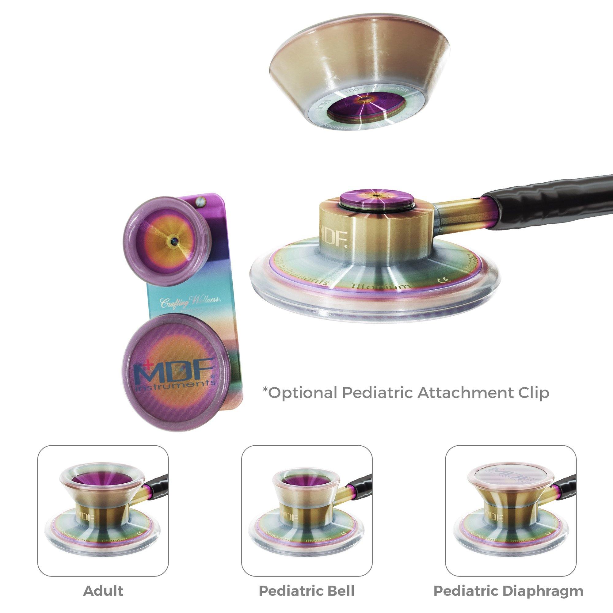 Stethoscope MDF Instruments MD One Epoch Titanium NoirNoir Black and Kaleidoscope Attachment Clip for Pediatric Patients